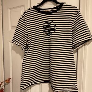 Tory Burch Black and White Striped Short Sleeve Tee with Lace-Up Detail